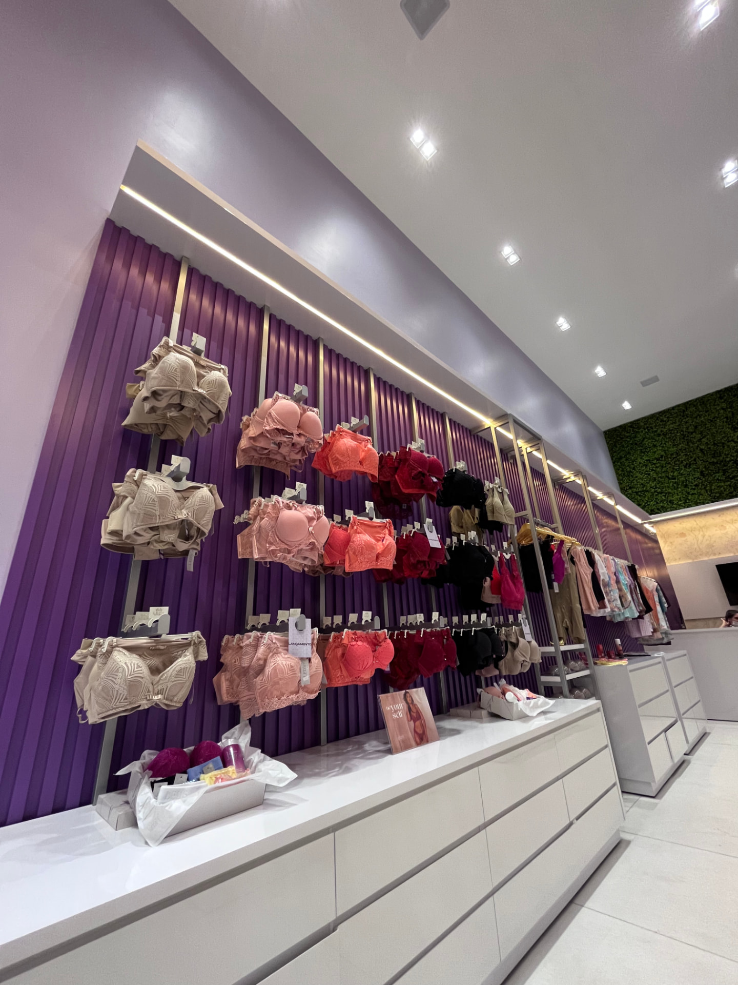 Parede roxa da loja Led's Íntima com lingerie exposta em vitrines iluminadas