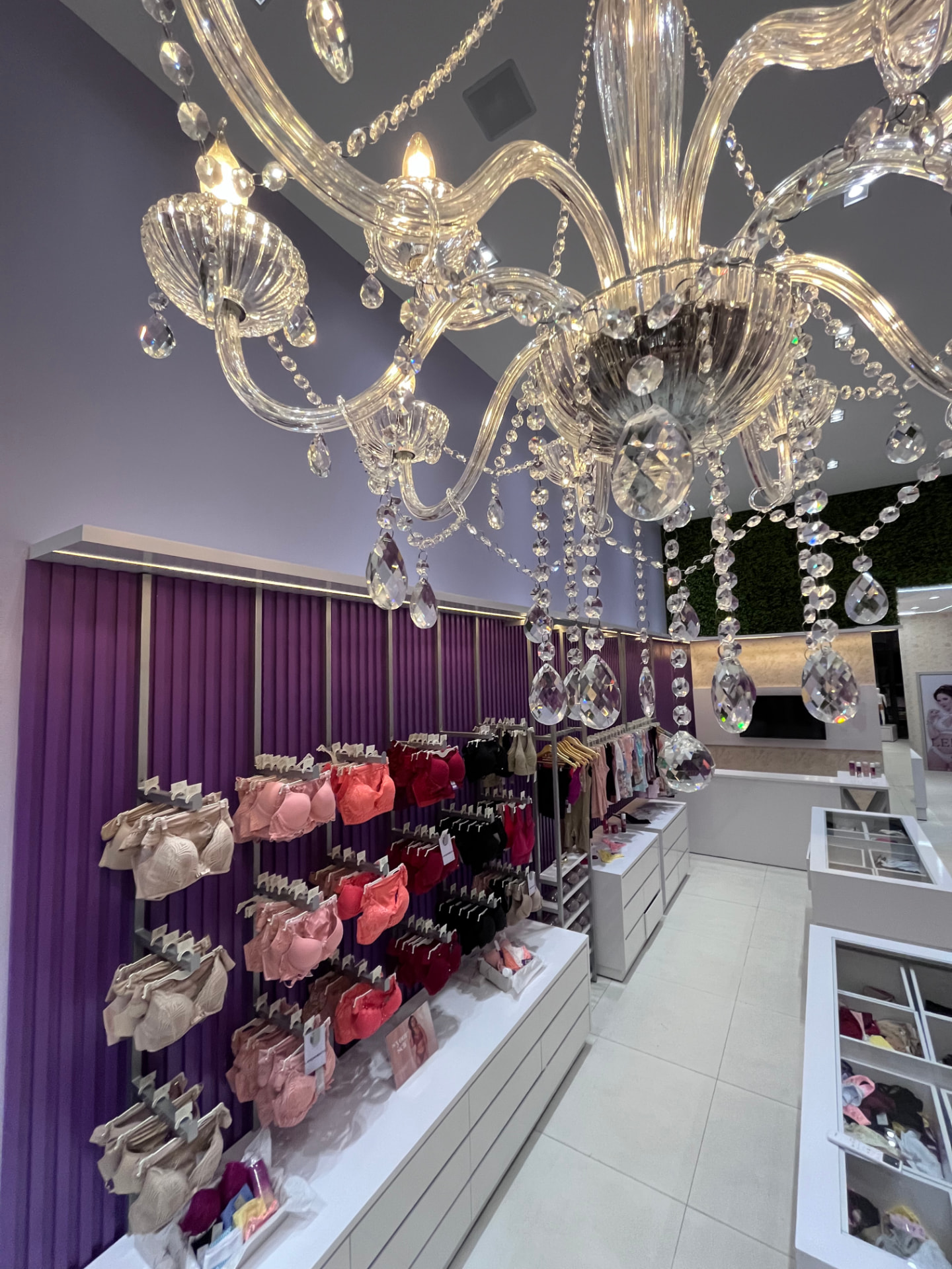 Salão da loja Led's Íntima com lustre de cristal e parede de lingerie